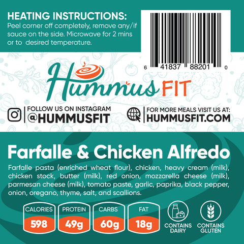 The Farfalle Chicken Alfredo food packaging highlights its high-protein pasta, heating instructions, nutrition facts, ingredients, social media and website info, plus icons showing it's a ready-to-heat meal that contains gluten and is high in protein.