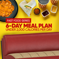 A yellow background with fries, wraps, sauces, and drinks above a red diner booth. Text reads: Fast Food Series Meal Plan – 6-Day Plan Under 2,000 Calories Per Day.