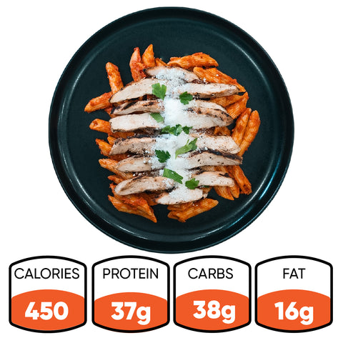A black plate holds Fit A La Vodka With Chicken: penne pasta in red sauce, grilled chicken, cheese, and herbs. Below are nutrition facts—450 calories, 37g protein, 38g carbs, and 16g fat—for this healthy meal.