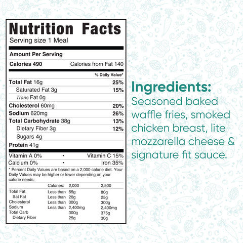 Fit-Fil-A provides 490 calories per meal with 41g protein, 38g carbs, and 15g fat. Enjoy a nutritious dinner of seasoned baked waffle fries, smoked chicken breast, lite mozzarella cheese, and signature fit sauce.