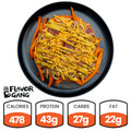 The FitWendy Double Stack Bowl features baked sweet-potato fries, ground beef, sliced meat, and yellow sauce on a black plate. 478 calories: 43g protein, 27g carbs, and 22g fat. The Flavor Gang logo appears in the bottom left corner.