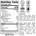 FitWendy Double Stack Bowl nutrition label: 478 calories/serving, high protein, ground beef, baked sweet potato fries. Contains allergens (mustard seed, seed oil). Includes full ingredient list. Net weight: 10.7 oz.