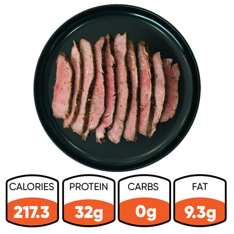 Slices of Competition Approved Grilled Flank Steak 1lb arranged on a black plate, viewed from above. Nutrition information: 217.3 calories, 32g protein, 0g carbs, and 9.3g fat—making this a healthy dinner option.