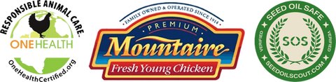 Three certification logos: ONEHEALTH CERTIFIED for responsible animal care, Mountaire Premium Fresh Young Chicken, and SEED OIL SAFE verified by SeedOilScout, displayed side by side on a white background.