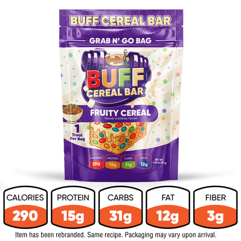 The Fruity Cereal Buff Cereal Bar Subscription packs cereal-milk whey protein and nutrition facts per bar: 290 calories, 15g protein, 31g carbs, 12g fat, and 3g fiber. Packaging may vary.
