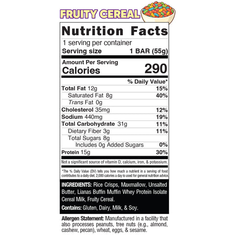 Nutrition Facts for Fruity Cereal Buff Cereal Bar, a protein snack with 290 calories per bar. Below the nutrition panel are key ingredients, allergen details, macronutrient info, and vitamin content.