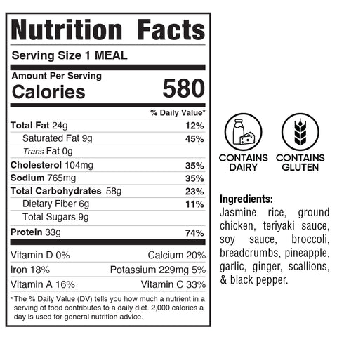 A nutrition label with text and images, perfect for tracking your high-protein Garden Orzo Meatballs meal prep.