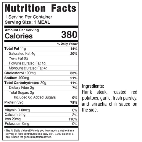 The Garlic Flank Bowl nutrition label shows 380 calories per meal. This high-protein steak bowl includes garlic flank steak, roasted red potatoes, fresh parsley, and a side of sriracha chili sauce. Key nutrients are listed on the label.