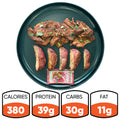 The Garlic Flank Bowl features grilled garlic flank steak, roasted potatoes, and a sauce packet. It provides 380 calories, 39g protein, 30g carbs, and 11g fat—a flavorful high-protein meal.