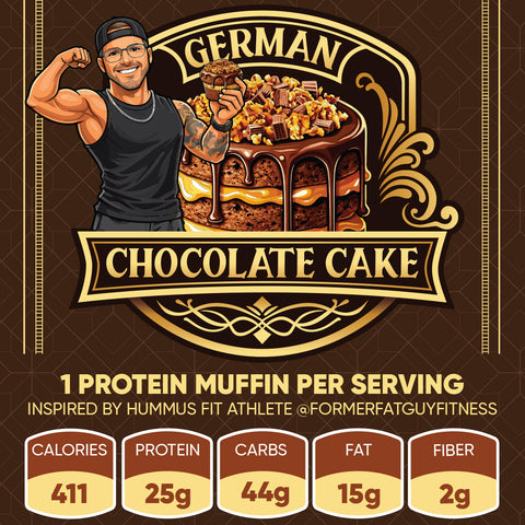 Illustration of a smiling, muscular man flexing with a Buffin Muffin - German Chocolate Cake, ideal for chocolate lovers seeking high protein: 411 calories, 25g protein, 44g carbs, 15g fat, and 2g fiber per serving.
