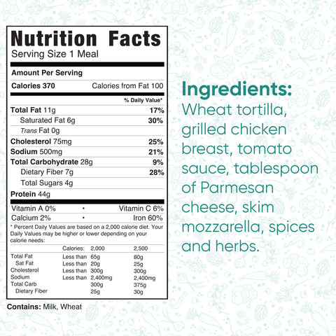 Grilled Chicken Parmesan Wrap: 370 calories, 4g fat, 44g protein, 28g carbs. Ingredients: whole wheat tortilla, grilled chicken, tomato sauce, Parmesan, mozzarella, spices herbs.