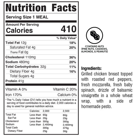Grilled Chicken Pesto Wrap: 410 calories, 12g fat, 41g protein, 32g carbs. Features grilled chicken, roasted red peppers, mozzarella pesto. Ideal for meal prep. Contains nuts.