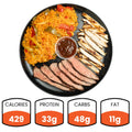 Platter of food with rice, meat, and fries, accompanied by nutrition facts.