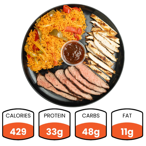 Platter of food with rice, meat, and fries, accompanied by nutrition facts.