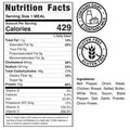 Grillin' Gains nutrition label: 429 calories per serving. Ingredients include chicken, steak, and veggies. Icons indicate contains dairy and is gluten-free. Perfect high-protein meal prep for post-workout recovery.
