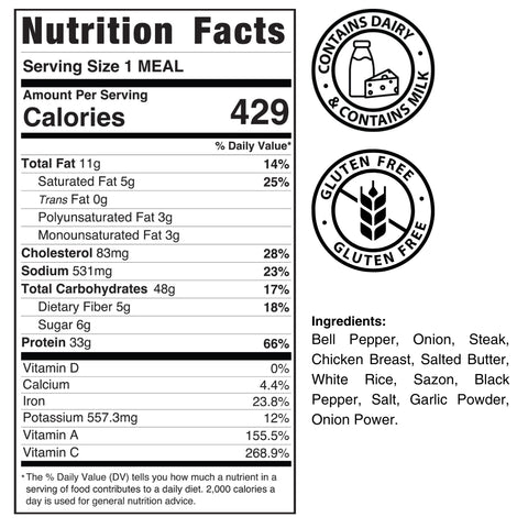 Grillin' Gains nutrition label: 429 calories per serving. Ingredients include chicken, steak, and veggies. Icons indicate contains dairy and is gluten-free. Perfect high-protein meal prep for post-workout recovery.