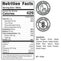 Nutrition facts label fior grillin' gains with allergen and gluten-free symbols on a white background