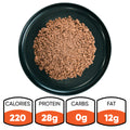 A black plate features Competition Approved 90/10 Lean Ground Beef 1lb—ideal for meal prep. Below: nutrition facts—220 calories, 28g protein, 0g carbs, and 12g fat.