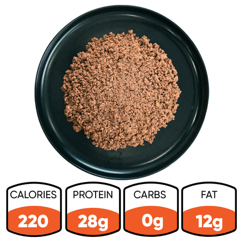 A black plate features Competition Approved 90/10 Lean Ground Beef 1lb—ideal for meal prep. Below: nutrition facts—220 calories, 28g protein, 0g carbs, and 12g fat.