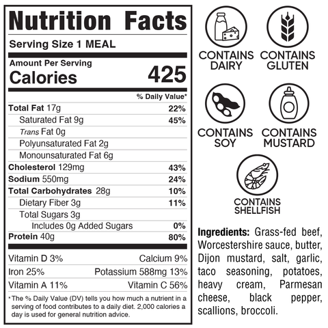 Nutrition facts for a 425-calorie Herb Butter Steak Tips Bowl with potatoes and broccoli, noting allergens including dairy, gluten, soy, mustard, and shellfish.