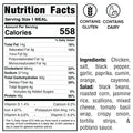 The Hey Arnold Burrito nutrition label shows 558 calories per meal, gluten and dairy indicators, and lists chicken, spices, olive oil; plus a Tex-Mex salad with black beans, corn, cheese, tortilla strips, and poblano sauce.