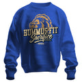 The 2025 Hummus Fit Sacrifice Lion Crewneck in royal blue is made from mid-weight fleece and showcases a bold lion’s head graphic with "HUMMUS FIT Sacrifice MMVVX" in large gold and white distressed lettering on the chest.