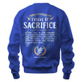 The 2025 Hummus Fit Sacrifice Lion Crewneck Royal Blue features “Evolve by Sacrifice” in bold white lettering on the back, surrounded by motivational text, laurels, and an HF Athletics Club logo. Made with mid-weight fleece for comfort.