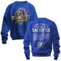 Front and back of the 2025 Hummus Fit Sacrifice Lion Crewneck Royal Blue. This mid-weight fleece crewneck features a lion and Sacrifice text on the front, with motivational text, lion head logo, and bold Evolve by Sacrifice on the back.