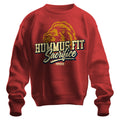 The 2025 Hummus Fit Sacrifice Lion Crewneck Red features vintage athletic lettering and a bold lion's head graphic on cozy mid-weight fleece, with "Hummus Fit Sacrifice MMVUX" across the front.