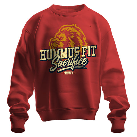 The 2025 Hummus Fit Sacrifice Lion Crewneck Red features vintage athletic lettering and a bold lion's head graphic on cozy mid-weight fleece, with "Hummus Fit Sacrifice MMVUX" across the front.