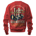 The 2025 Hummus Fit Sacrifice Lion Crewneck Red is a mid-weight fleece with bold vintage lettering—Hummus Fit, Sacrifice, Honor the Sacrifice—and features a roaring lion, lightning bolt, and motivational message on the back.