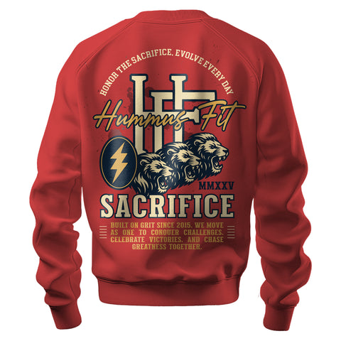 The 2025 Hummus Fit Sacrifice Lion Crewneck Red is a mid-weight fleece with bold vintage lettering—Hummus Fit, Sacrifice, Honor the Sacrifice—and features a roaring lion, lightning bolt, and motivational message on the back.