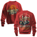 The 2025 Hummus Fit Sacrifice Lion Crewneck Red features mid-weight fleece, bold vintage "Hummus Fit Sacrifice" and lion on the front, plus two lions, a lightning bolt, and motivational text in gold, white, and black on the back.