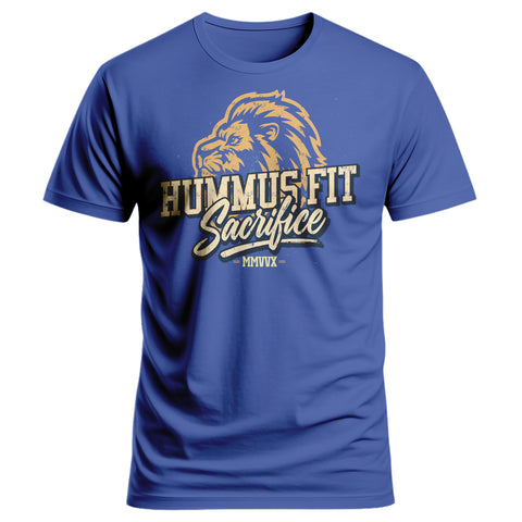The 2025 Hummus Fit Sacrifice Lion Tee Blue features a graphic lion’s head and bold gold-and-white Sacrifice MMVX lettering—perfect for vintage athletic or gym-to-street style.