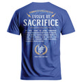 The 2025 Hummus Fit Sacrifice Lion Tee Blue features white and gold "EVOLVE BY SACRIFICE" text, motivational phrases, a crest, and the Hummus Fit Athletics Club logo—delivering vintage athletic gym-to-street style.