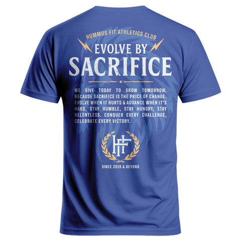 The 2025 Hummus Fit Sacrifice Lion Tee Blue features white and gold "EVOLVE BY SACRIFICE" text, motivational phrases, a crest, and the Hummus Fit Athletics Club logo—delivering vintage athletic gym-to-street style.