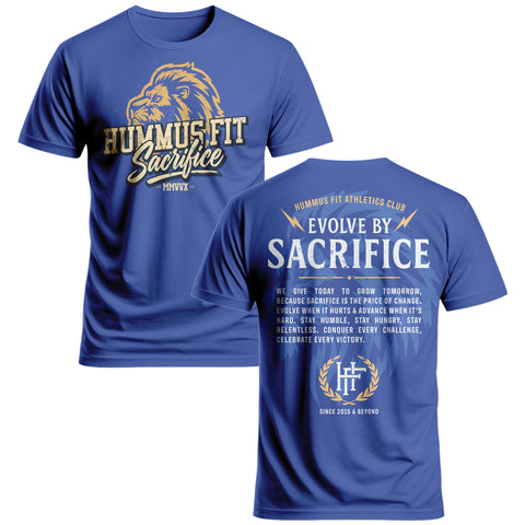 The 2025 Hummus Fit Sacrifice Lion Tee Blue features white text and a lion head, making it ideal for a gym-to-street style.