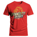 The 2025 Hummus Fit Sacrifice Lion Tee Red showcases a bold lion's head and distressed “Hummus Fit Sacrifice MMVX” lettering in yellow, white, and gold—ideal for standout gym-to-street style.