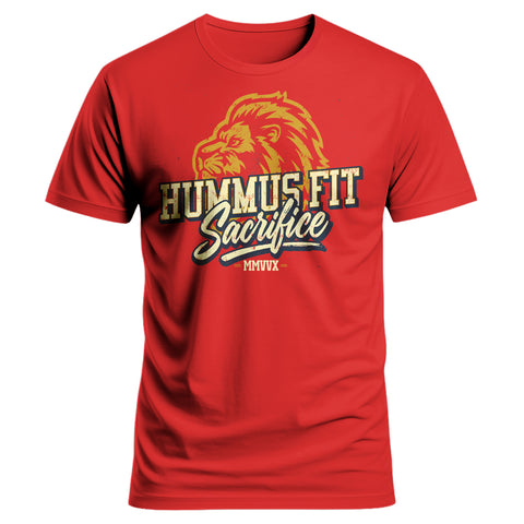 The 2025 Hummus Fit Sacrifice Lion Tee Red showcases a bold lion's head and distressed “Hummus Fit Sacrifice MMVX” lettering in yellow, white, and gold—ideal for standout gym-to-street style.