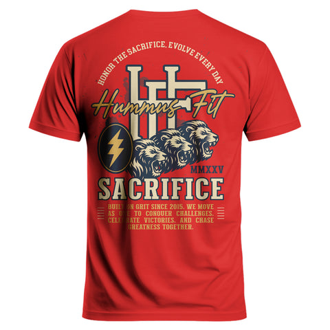 The 2025 Hummus Fit Sacrifice Lion Tee Red showcases three roaring lions, a lightning bolt, and MMXXV on the back. Motivational phrases and stars make it perfect for gym-to-street wear, inspiring you to push your limits anywhere.