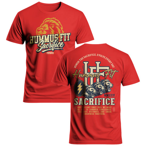 Stand out in the 2025 Hummus Fit Sacrifice Lion Tee Red—a striking gym-to-street shirt with a roaring lion, "Sacrifice MMXXV" on the front, and bold back graphics inspiring greatness through sacrifice.