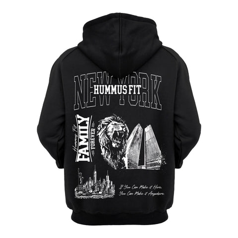 Show off your healthy lifestyle with the Made in New York Hoodie Black, featuring bold NEW YORK, HUMMUS FIT, Family Forever text, a roaring lion, city skyline, twin towers graphics, and "If You Can Make it Here, You Can Make it Anywhere.