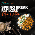 A black plate with grilled chicken and diced potatoes sits on a dark surface next to a bowl of oats. Text reads: Spring Break Meal Plan – High Protein Meals for Men’s Fat Loss.