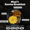 A Spring Break Meal Plan favorite: scrambled eggs with herbs, seasoned potato cubes, turkey sausages, and BBQ sauce. Nutrition: 460 calories, 41g protein, 32g carbs, 22g fat—ideal for a fat loss meal plan.
