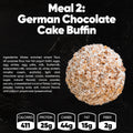 A round German chocolate cake muffin is shown on a black background, featuring its ingredients and nutrition facts—411 calories, 25g protein—from the Spring Break Meal Plan, making it a tasty option for high-protein or weight loss diets.