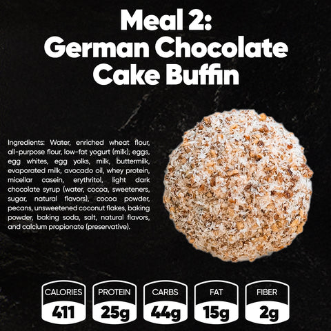 A round German chocolate cake muffin is shown on a black background, featuring its ingredients and nutrition facts—411 calories, 25g protein—from the Spring Break Meal Plan, making it a tasty option for high-protein or weight loss diets.