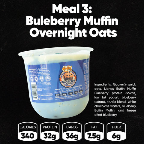 A container labeled Spring Break Meal Plan with nutrition facts—perfect for a high-protein diet. Ingredients listed; each serving: 340 calories, 32g protein, 36g carbs, 7.5g fat, and 6g fiber.