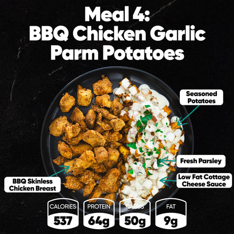 Enjoy Meal 4 from the Spring Break Meal Plan: BBQ chicken breast with garlic parm potatoes and low fat cottage cheese sauce—537 calories, 64g protein, 50g carbs, 9g fat. Perfect for a high-protein meal plan.
