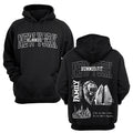 The Made in New York Hoodie Black features NEW YORK and HUMMUS on the front. The back displays NEW YORK, a lion, city skyline, pyramids, FAMILY FOREVER, and a handwritten message—ideal for healthy lifestyle enthusiasts.