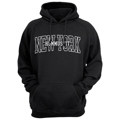 The Made in New York Hoodie Black features a front pocket, drawstrings, and bold NEW YORK lettering above HUMMUS FIT—ideal for a healthy lifestyle.